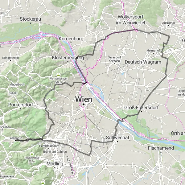 Miniature de la carte de l'inspiration cycliste "Tour des Châteaux et des Vignobles" dans la Niederösterreich, Austria. Générée par le planificateur d'itinéraire cycliste Tarmacs.app