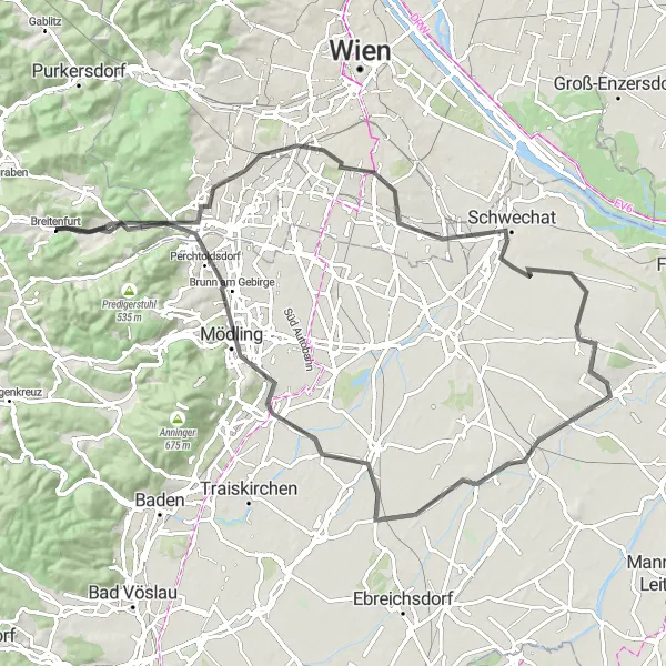 Miniatuurkaart van de fietsinspiratie "Tour rond Wenen via Münchendorf en Mödling" in Niederösterreich, Austria. Gemaakt door de Tarmacs.app fietsrouteplanner