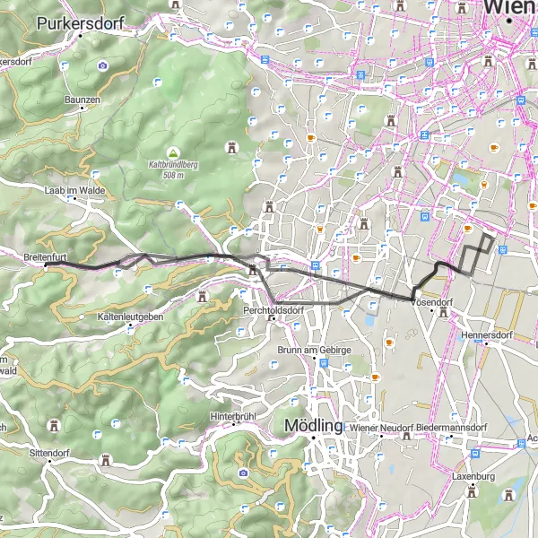 Miniature de la carte de l'inspiration cycliste "La Route des Collines" dans la Niederösterreich, Austria. Générée par le planificateur d'itinéraire cycliste Tarmacs.app