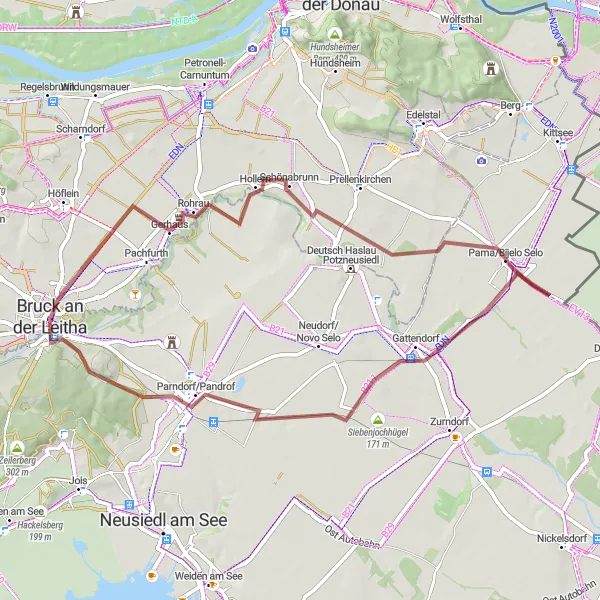 Miniatua del mapa de inspiración ciclista "Ruta de Grava a través de las Tierras Bajas de Austria" en Niederösterreich, Austria. Generado por Tarmacs.app planificador de rutas ciclistas