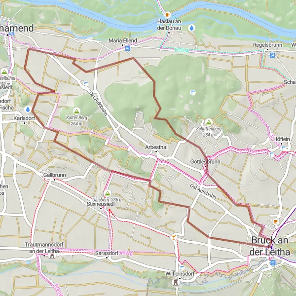 Miniatura della mappa di ispirazione al ciclismo "Percorso panoramico in bicicletta tra Bruck an der Leitha e Neuberg" nella regione di Niederösterreich, Austria. Generata da Tarmacs.app, pianificatore di rotte ciclistiche