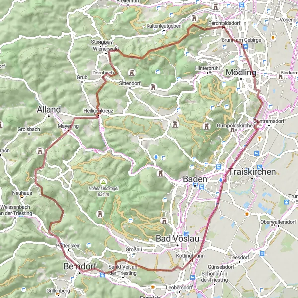 Karten-Miniaturansicht der Radinspiration "Gravel-Abenteuer in der Umgebung von Brunn am Gebirge" in Niederösterreich, Austria. Erstellt vom Tarmacs.app-Routenplaner für Radtouren