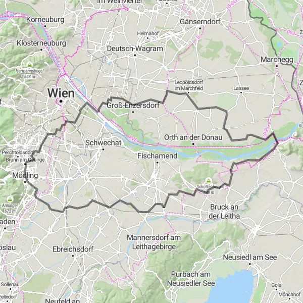 Karttaminiaatyyri "Rannikolta rannikolle -pitkä reitti" pyöräilyinspiraatiosta alueella Niederösterreich, Austria. Luotu Tarmacs.app pyöräilyreittisuunnittelijalla