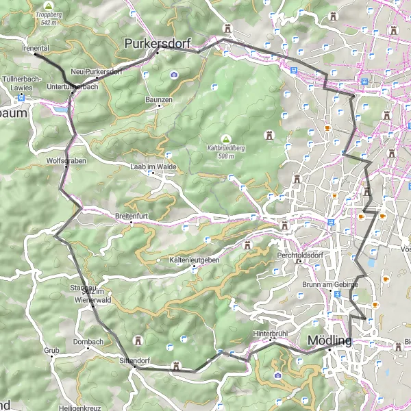 Miniatua del mapa de inspiración ciclista "Ruta por el Bosque de Viena" en Niederösterreich, Austria. Generado por Tarmacs.app planificador de rutas ciclistas