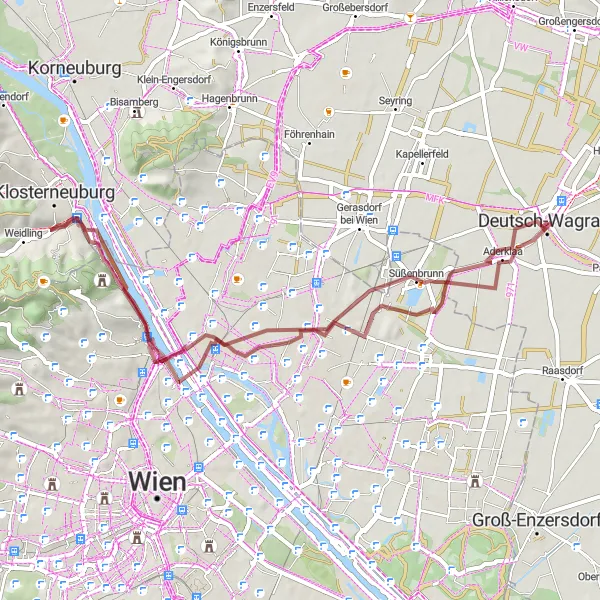 Map miniature of "Round-trip Gravel Route - Vienna River Adventure" cycling inspiration in Niederösterreich, Austria. Generated by Tarmacs.app cycling route planner