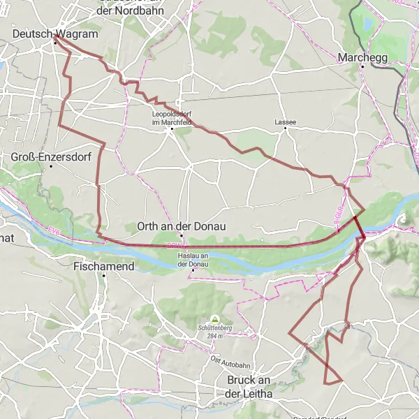 Map miniature of "Round-trip Gravel Route - Deutsch-Wagram Exploration" cycling inspiration in Niederösterreich, Austria. Generated by Tarmacs.app cycling route planner