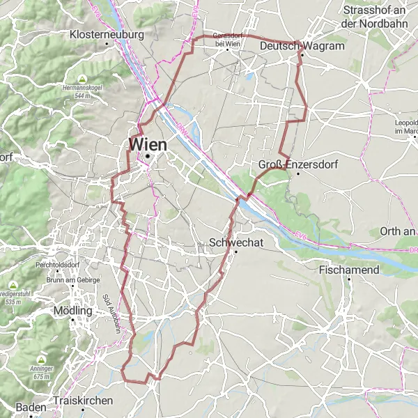 Miniatua del mapa de inspiración ciclista "Ruta de Grava alrededor de Deutsch-Wagram" en Niederösterreich, Austria. Generado por Tarmacs.app planificador de rutas ciclistas