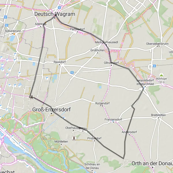 Kartminiatyr av "Fram och tillbaka till Essling via Mannsdorf an der Donau" cykelinspiration i Niederösterreich, Austria. Genererad av Tarmacs.app cykelruttplanerare