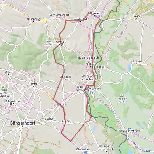 Map miniature of "Dürnkrut - Kirchenberg - Záhorská Ves - Zwerndorf - Stripfing - Schloss Ebenthal - Waidendorf - Dürnkrut" cycling inspiration in Niederösterreich, Austria. Generated by Tarmacs.app cycling route planner