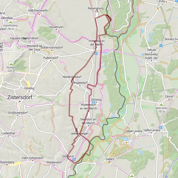 Map miniature of "Dürnkrut Gravel Adventure" cycling inspiration in Niederösterreich, Austria. Generated by Tarmacs.app cycling route planner