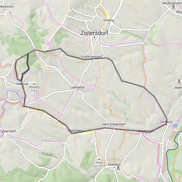 Map miniature of "Dürnkrut and Niedersulz Loop" cycling inspiration in Niederösterreich, Austria. Generated by Tarmacs.app cycling route planner