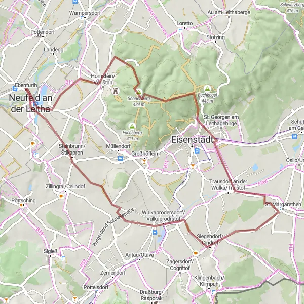 Miniaturní mapa "Turistika kolem Leithagebirge a Föhrenbergu" inspirace pro cyklisty v oblasti Niederösterreich, Austria. Vytvořeno pomocí plánovače tras Tarmacs.app