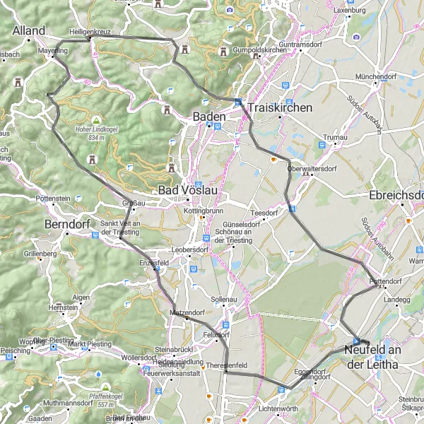Miniatua del mapa de inspiración ciclista "Recorrido Escénico por Carretera desde Ebenfurth" en Niederösterreich, Austria. Generado por Tarmacs.app planificador de rutas ciclistas