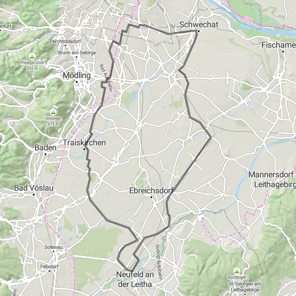 Miniatua del mapa de inspiración ciclista "Ruta en Carretera por los alrededores de Ebenfurth" en Niederösterreich, Austria. Generado por Tarmacs.app planificador de rutas ciclistas