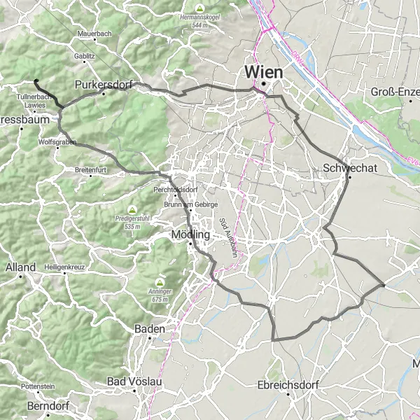 Map miniature of "Ebergassing Road Cycling Route" cycling inspiration in Niederösterreich, Austria. Generated by Tarmacs.app cycling route planner