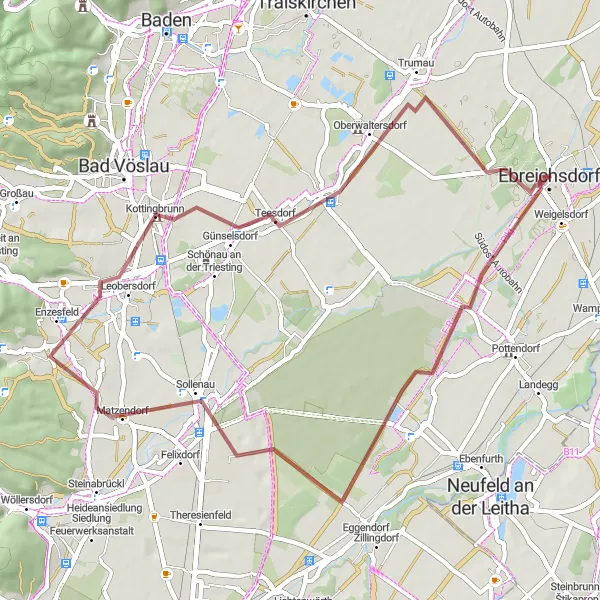 Miniatura della mappa di ispirazione al ciclismo "Avventura in bicicletta lungo i sentieri di terra" nella regione di Niederösterreich, Austria. Generata da Tarmacs.app, pianificatore di rotte ciclistiche