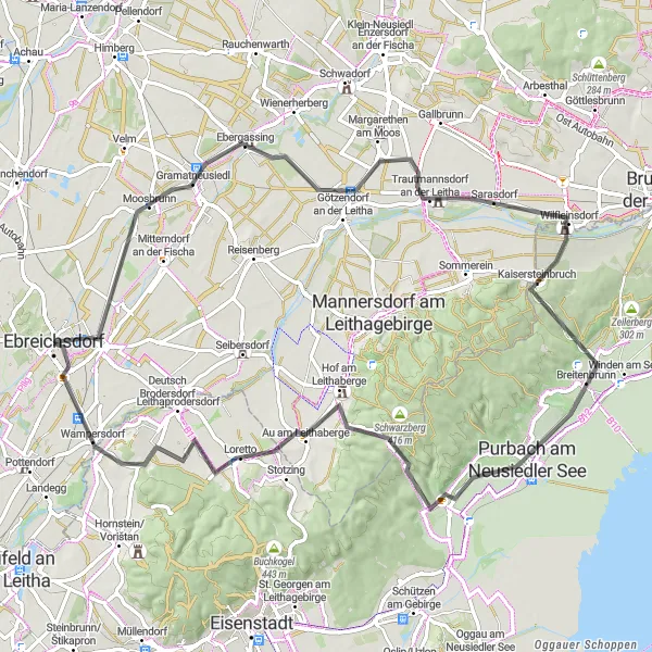 Miniatua del mapa de inspiración ciclista "Ruta de ciclismo de carretera a Purbach am Neusiedler See desde Ebreichsdorf" en Niederösterreich, Austria. Generado por Tarmacs.app planificador de rutas ciclistas