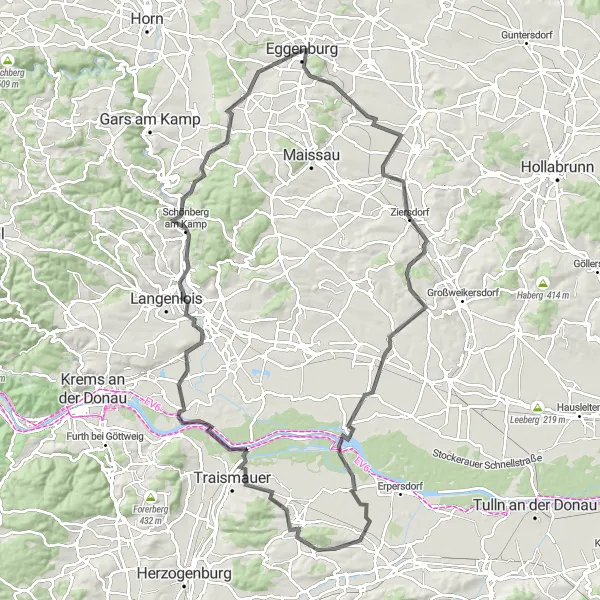 Miniaturní mapa "Okružní cyklistická trasa z Eggenburgu" inspirace pro cyklisty v oblasti Niederösterreich, Austria. Vytvořeno pomocí plánovače tras Tarmacs.app