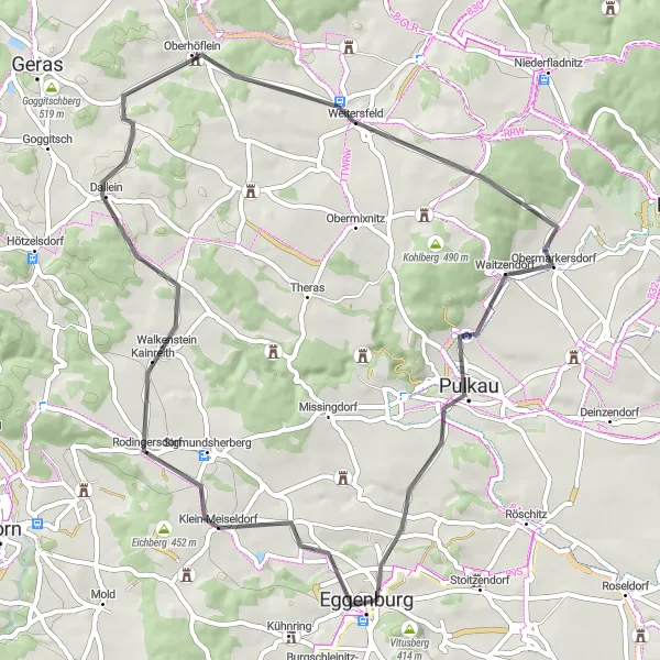 Miniaturní mapa "Cesta skrz Weitersfeld" inspirace pro cyklisty v oblasti Niederösterreich, Austria. Vytvořeno pomocí plánovače tras Tarmacs.app