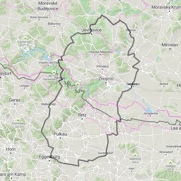 Miniaturní mapa "Road Kolem Hardegg až Grafenberg" inspirace pro cyklisty v oblasti Niederösterreich, Austria. Vytvořeno pomocí plánovače tras Tarmacs.app