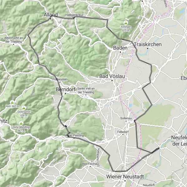 Miniatua del mapa de inspiración ciclista "Ruta Escénica a Tattendorf" en Niederösterreich, Austria. Generado por Tarmacs.app planificador de rutas ciclistas