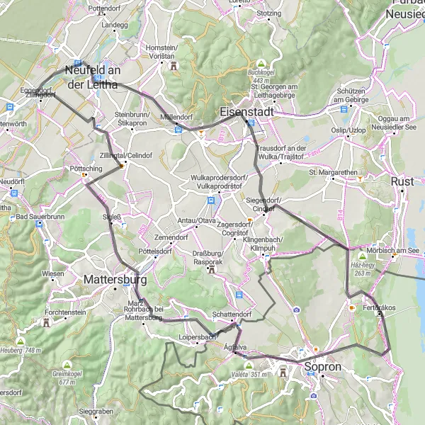 Miniatua del mapa de inspiración ciclista "Ruta en Carretera a Sopron" en Niederösterreich, Austria. Generado por Tarmacs.app planificador de rutas ciclistas