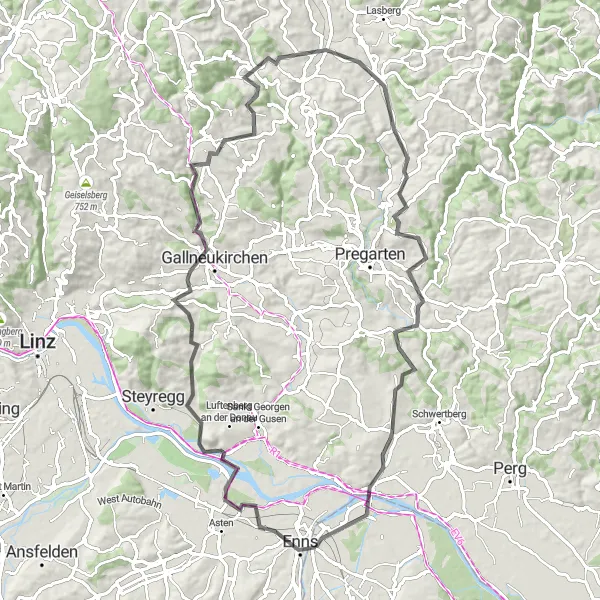 Miniatuurkaart van de fietsinspiratie "Cultuur en Natuur rond Enns" in Niederösterreich, Austria. Gemaakt door de Tarmacs.app fietsrouteplanner