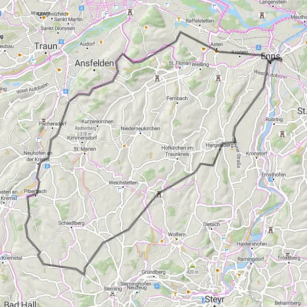 Miniature de la carte de l'inspiration cycliste "Escapade à travers les collines autrichiennes" dans la Niederösterreich, Austria. Générée par le planificateur d'itinéraire cycliste Tarmacs.app