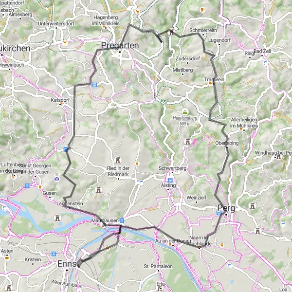 Map miniature of "The Mauthausen Circuit" cycling inspiration in Niederösterreich, Austria. Generated by Tarmacs.app cycling route planner