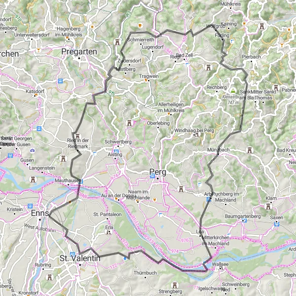 Mapa miniatúra "Okruhová cesta Münzbach-Hörstorf" cyklistická inšpirácia v Niederösterreich, Austria. Vygenerované cyklistickým plánovačom trás Tarmacs.app