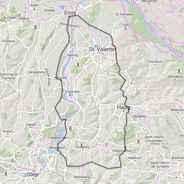 Miniatura della mappa di ispirazione al ciclismo "Giro in bicicletta ad Anello da Ennsdorf" nella regione di Niederösterreich, Austria. Generata da Tarmacs.app, pianificatore di rotte ciclistiche