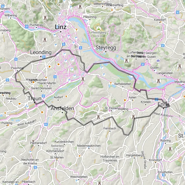 Zemljevid v pomanjšavi "Cestna kolesarska pot od Ennsa do Georgenberga" kolesarske inspiracije v Niederösterreich, Austria. Generirano z načrtovalcem kolesarskih poti Tarmacs.app