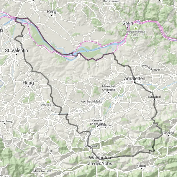 Map miniature of "Wallsee to Waidhofen Loop" cycling inspiration in Niederösterreich, Austria. Generated by Tarmacs.app cycling route planner