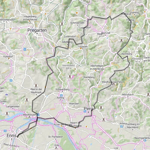 Map miniature of "Ried in der Riedmark Loop" cycling inspiration in Niederösterreich, Austria. Generated by Tarmacs.app cycling route planner
