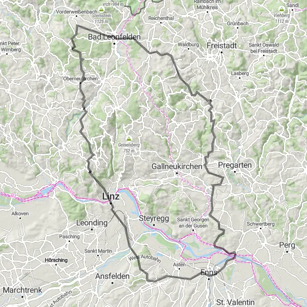 Map miniature of "Enns to Bad Leonfelden Loop" cycling inspiration in Niederösterreich, Austria. Generated by Tarmacs.app cycling route planner
