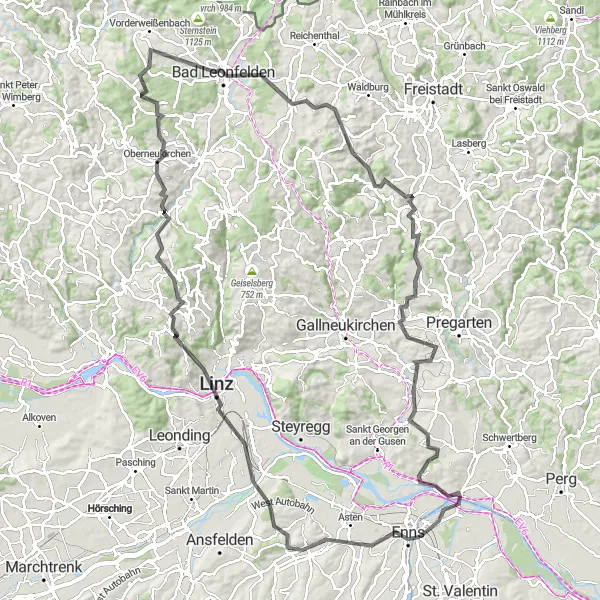 Miniaturní mapa "Jižní Tour de Linz" inspirace pro cyklisty v oblasti Niederösterreich, Austria. Vytvořeno pomocí plánovače tras Tarmacs.app