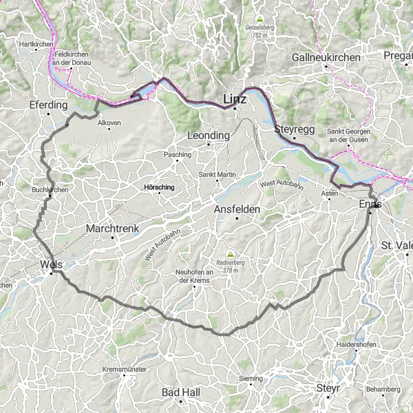 Miniatua del mapa de inspiración ciclista "Ruta de ciclismo de carretera cerca de Ennsdorf" en Niederösterreich, Austria. Generado por Tarmacs.app planificador de rutas ciclistas