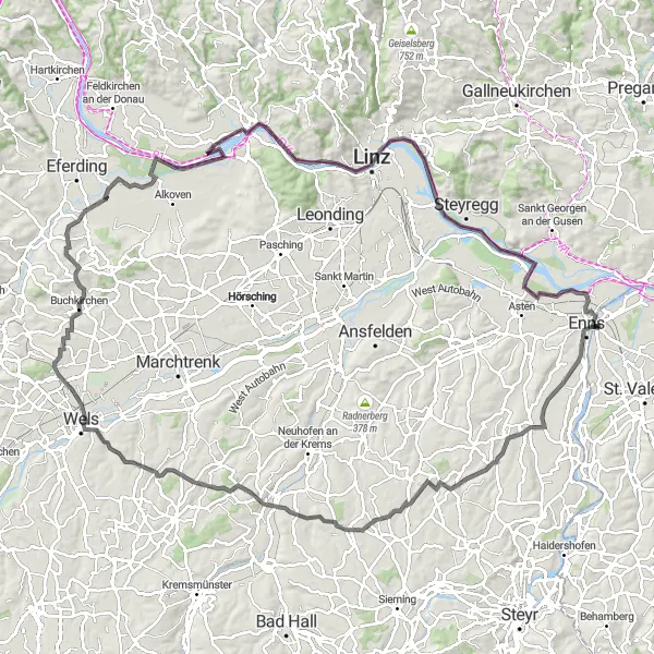 Miniatura della mappa di ispirazione al ciclismo "Giro in bicicletta intorno a Ennsdorf" nella regione di Niederösterreich, Austria. Generata da Tarmacs.app, pianificatore di rotte ciclistiche