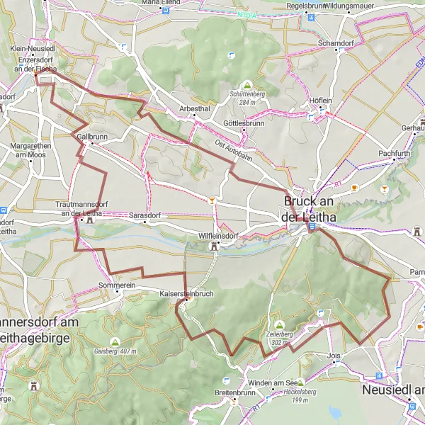 Mapa miniatúra "Gravel Route to Trautmannsdorf an der Leitha" cyklistická inšpirácia v Niederösterreich, Austria. Vygenerované cyklistickým plánovačom trás Tarmacs.app