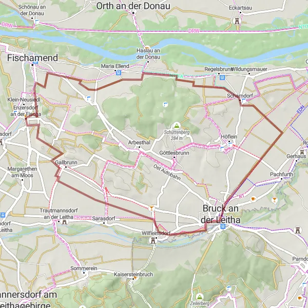 Mapa miniatúra "Gravelová cyklotrasa okolo Enzersdorfu an der Fischa" cyklistická inšpirácia v Niederösterreich, Austria. Vygenerované cyklistickým plánovačom trás Tarmacs.app