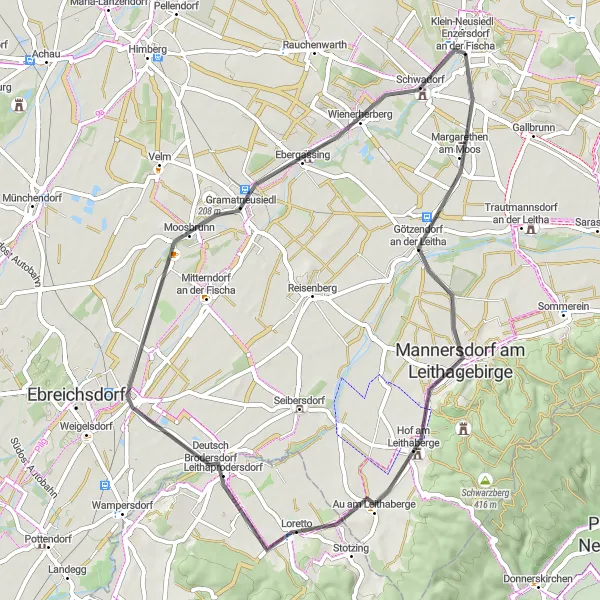 Kartminiatyr av "Leitha Loop Road Cycling Route" cykelinspiration i Niederösterreich, Austria. Genererad av Tarmacs.app cykelruttplanerare