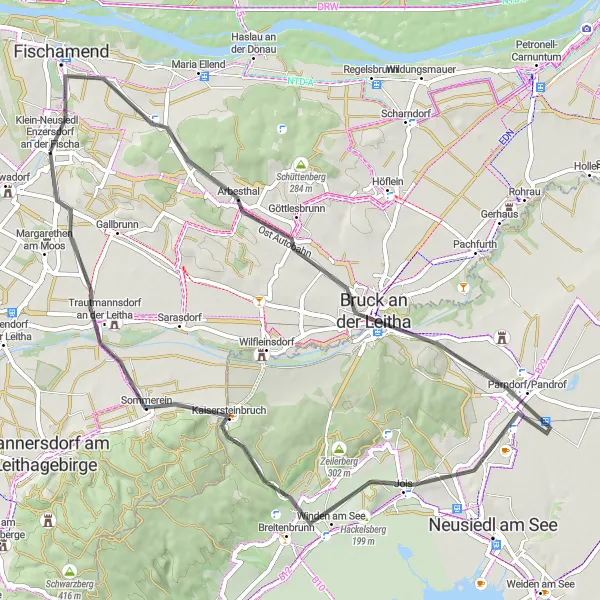 Kartminiatyr av "East Leitha Road Adventure" cykelinspiration i Niederösterreich, Austria. Genererad av Tarmacs.app cykelruttplanerare