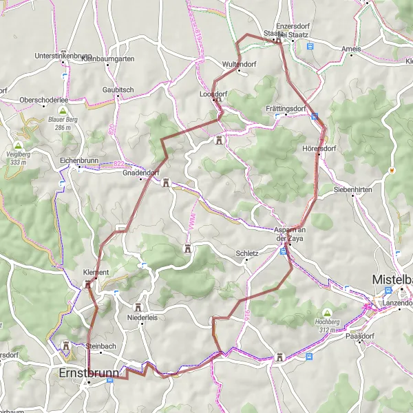Kartminiatyr av "Grusvei til Staatz og Asparn an der Zaya" sykkelinspirasjon i Niederösterreich, Austria. Generert av Tarmacs.app sykkelrutoplanlegger