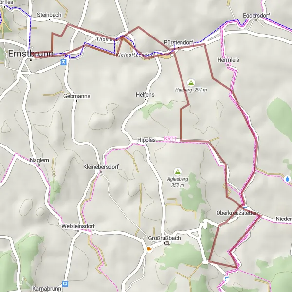 Miniature de la carte de l'inspiration cycliste "Balade à vélo à travers les collines de Niederösterreich" dans la Niederösterreich, Austria. Générée par le planificateur d'itinéraire cycliste Tarmacs.app