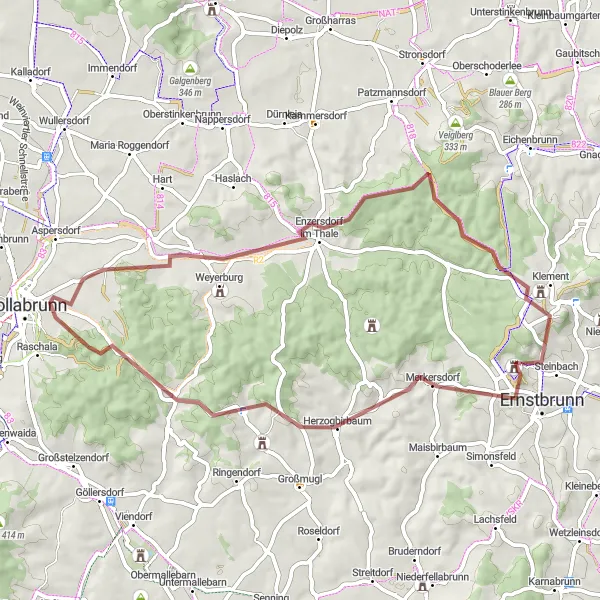 Miniatura mapy "Długa trasa gravelowa przez Schloss Ernstbrunn, Gartenberg i Steinbach" - trasy rowerowej w Niederösterreich, Austria. Wygenerowane przez planer tras rowerowych Tarmacs.app