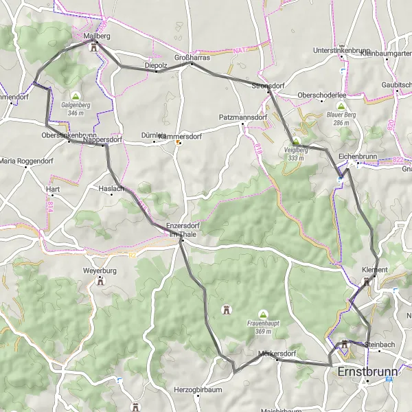 Miniature de la carte de l'inspiration cycliste "Boucle à travers les châteaux" dans la Niederösterreich, Austria. Générée par le planificateur d'itinéraire cycliste Tarmacs.app