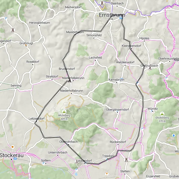 Map miniature of "Ernstbrunn Road Cycling Adventure" cycling inspiration in Niederösterreich, Austria. Generated by Tarmacs.app cycling route planner