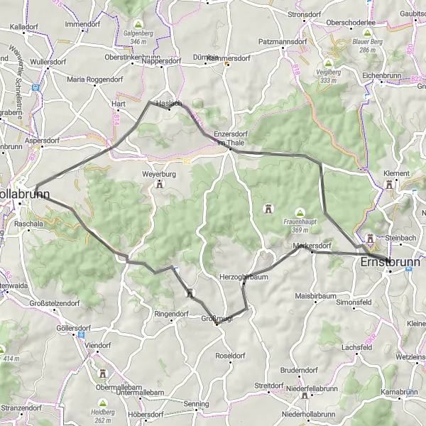 Miniature de la carte de l'inspiration cycliste "Route des châteaux et des collines" dans la Niederösterreich, Austria. Générée par le planificateur d'itinéraire cycliste Tarmacs.app