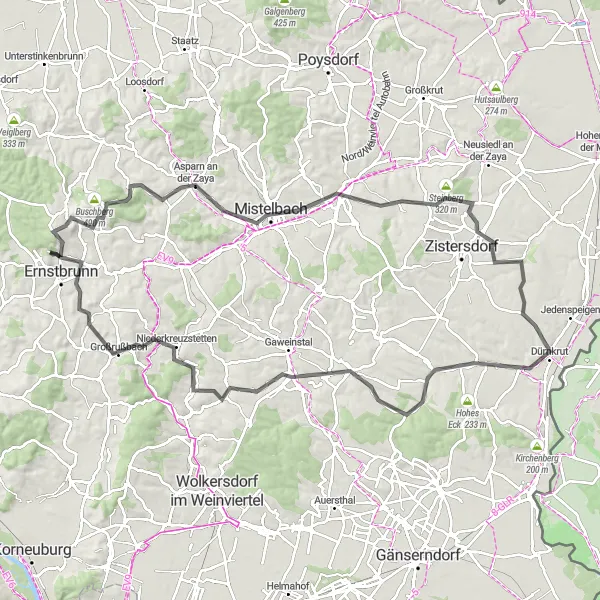 Miniatura mapy "Długa trasa szosowa przez Asparn an der Zaya, Dürnkrut i Atzenberg" - trasy rowerowej w Niederösterreich, Austria. Wygenerowane przez planer tras rowerowych Tarmacs.app