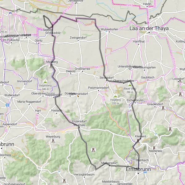 Miniature de la carte de l'inspiration cycliste "Aventure à travers les vignobles" dans la Niederösterreich, Austria. Générée par le planificateur d'itinéraire cycliste Tarmacs.app